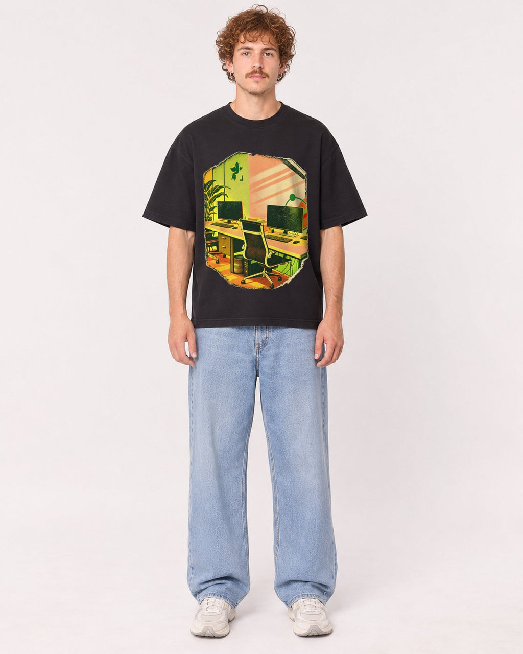Mockup Boxy Heavyweight Tee Black male full-body 09