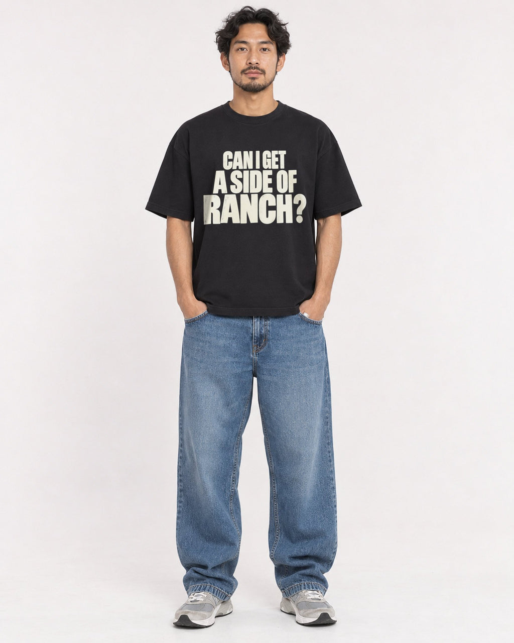 Mockup Boxy Heavyweight Tee Black male full-body 02