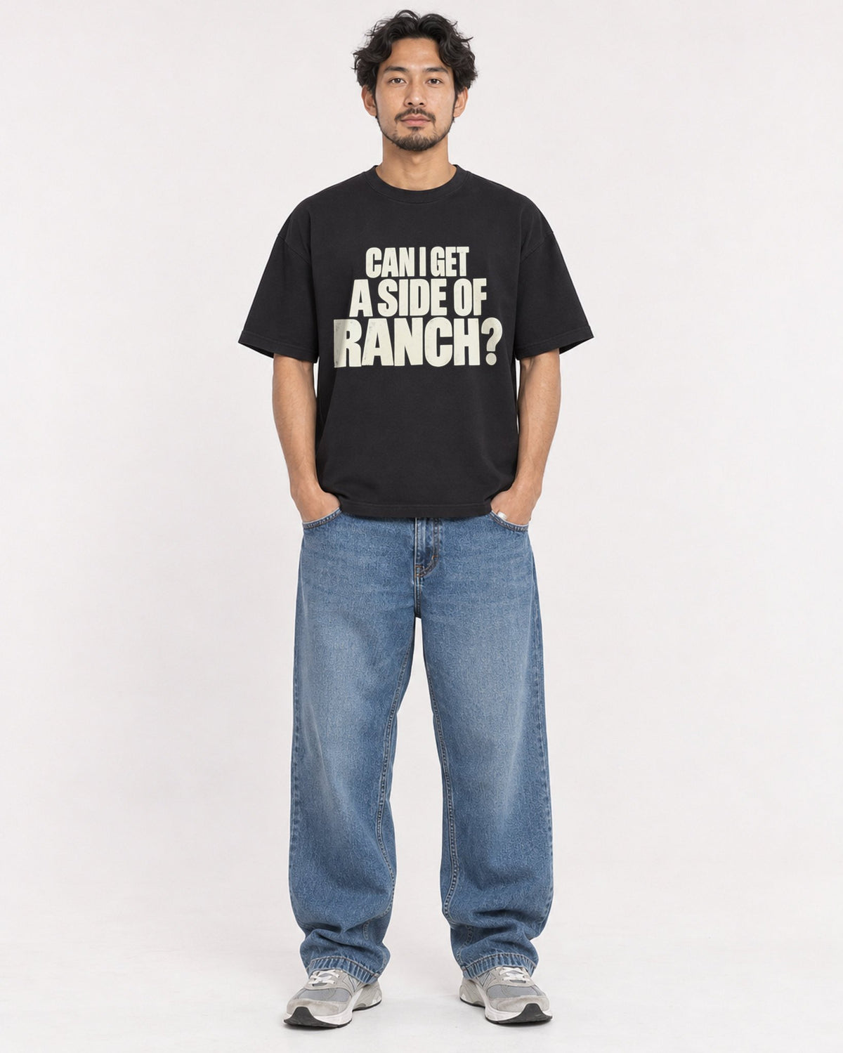 Mockup Boxy Heavyweight Tee Black male full-body 02