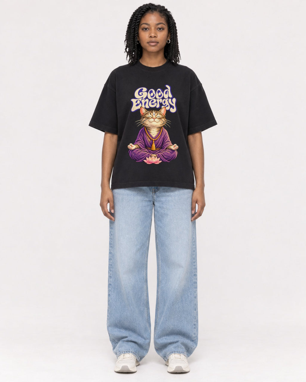 Mockup Boxy Heavyweight Tee Black female full-body 15