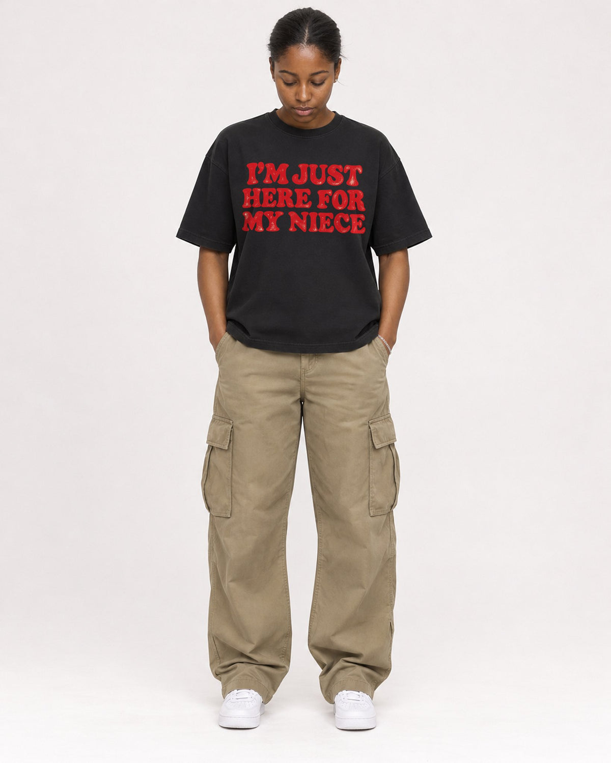 Mockup Boxy Heavyweight Tee Black female full-body 34