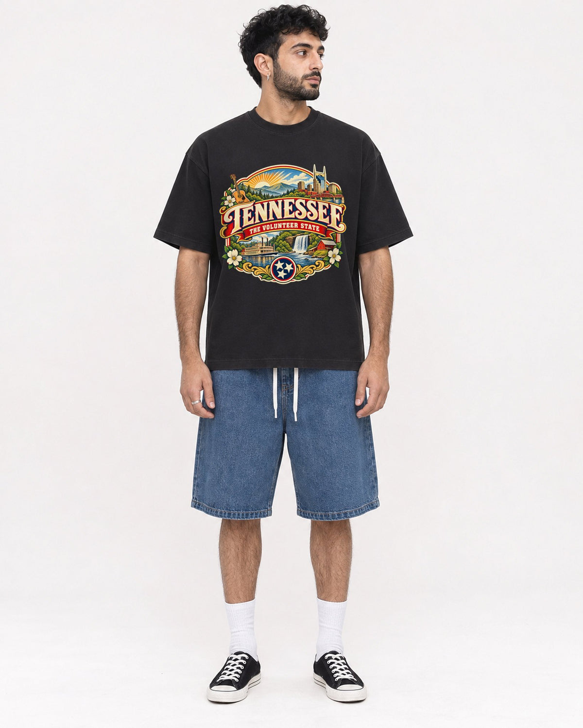 Mockup Boxy Heavyweight Tee Black male full-body 07