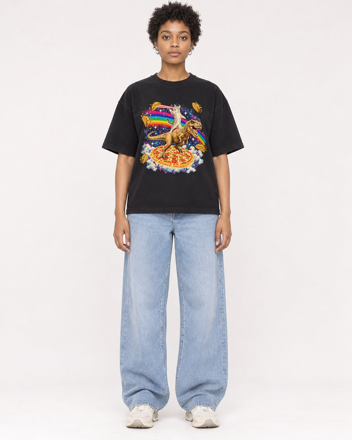 Mockup Boxy Heavyweight Tee Black female full-body 35