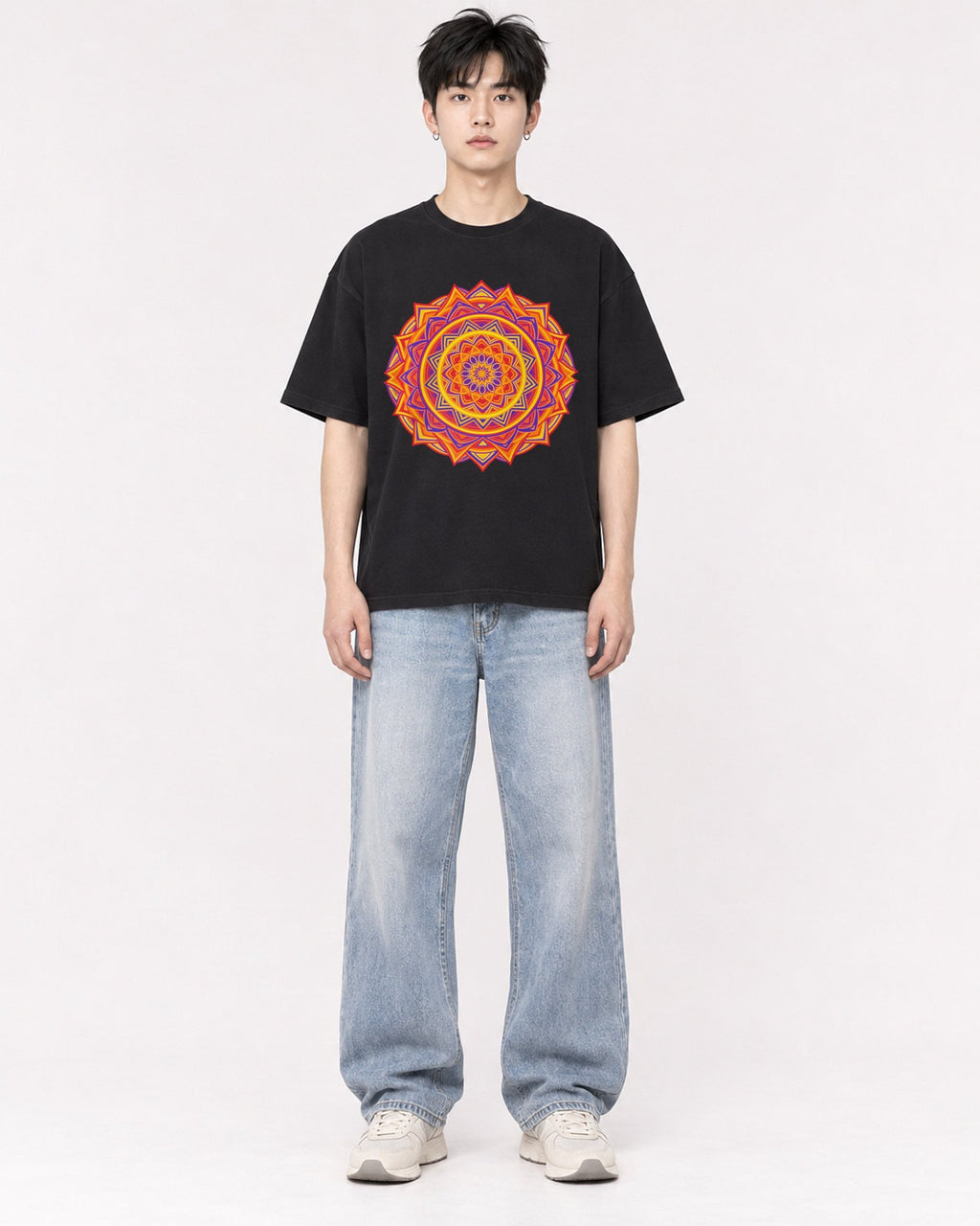 Mockup Boxy Heavyweight Tee Black male full-body 01