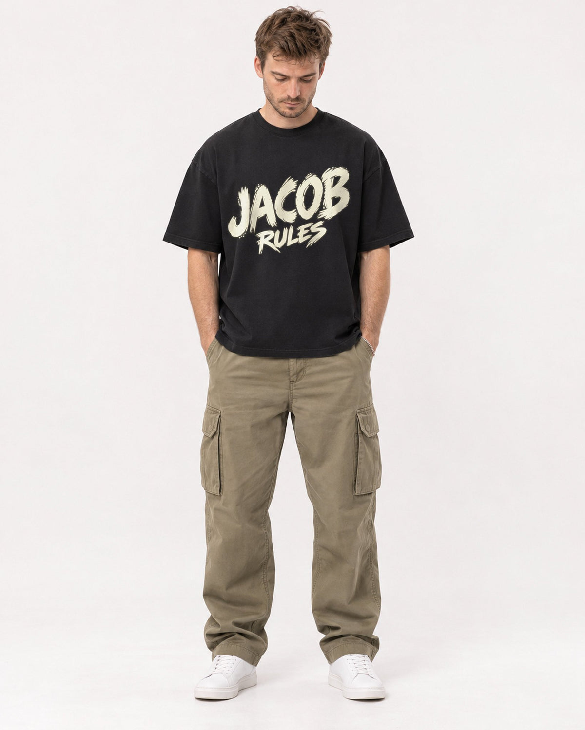 Mockup Boxy Heavyweight Tee Black male full-body 08