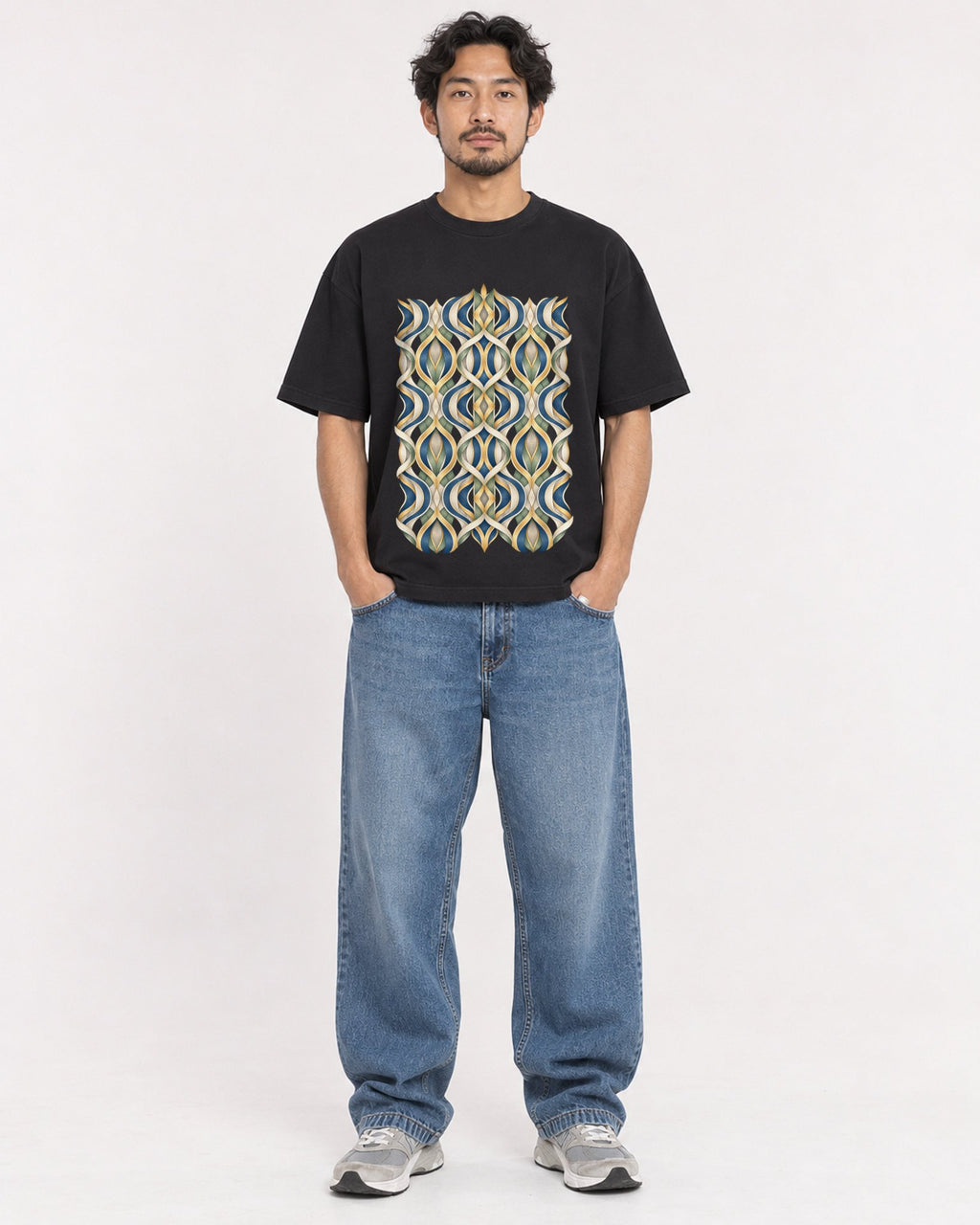 Mockup Boxy Heavyweight Tee Black male full-body 02