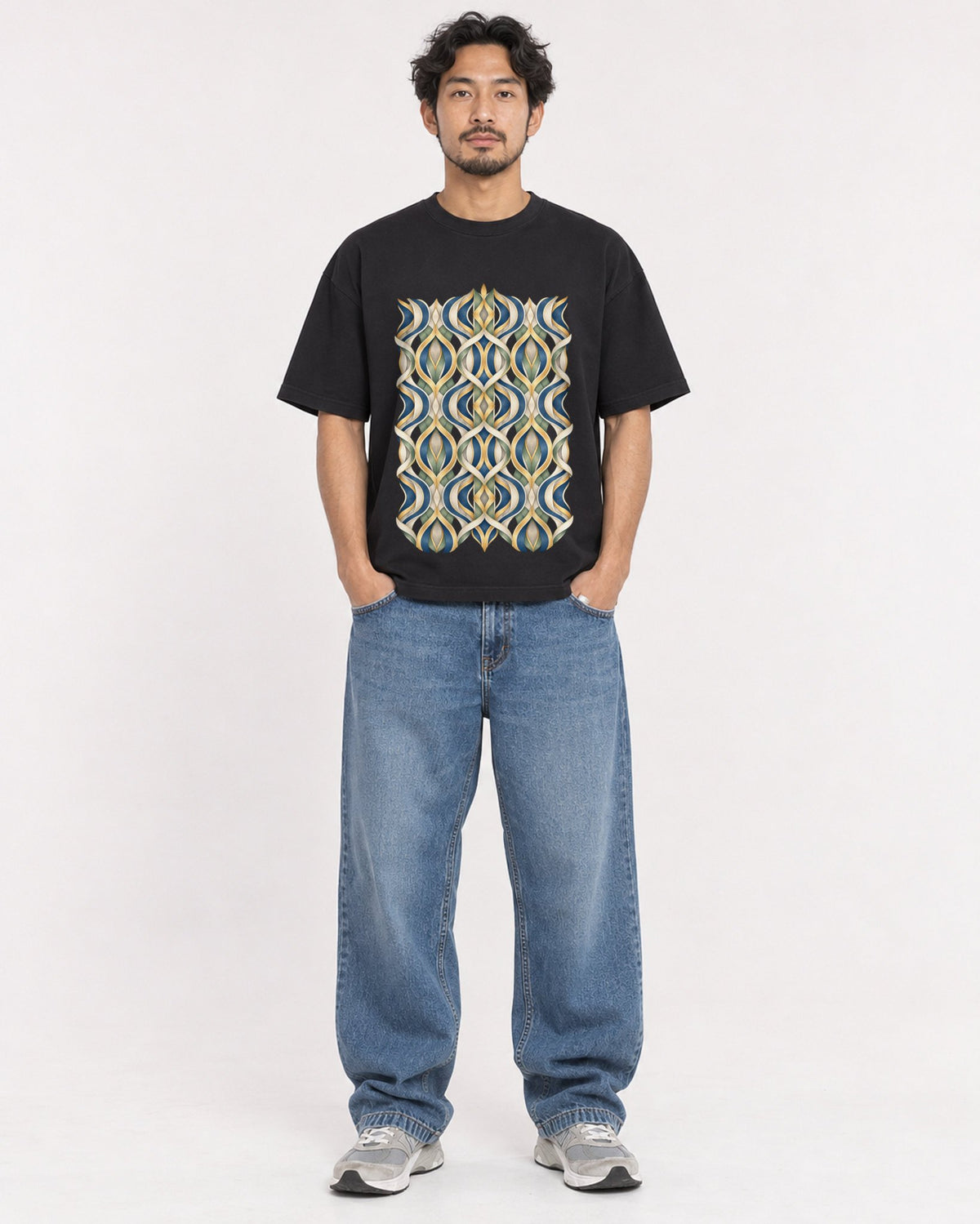 Mockup Boxy Heavyweight Tee Black male full-body 02