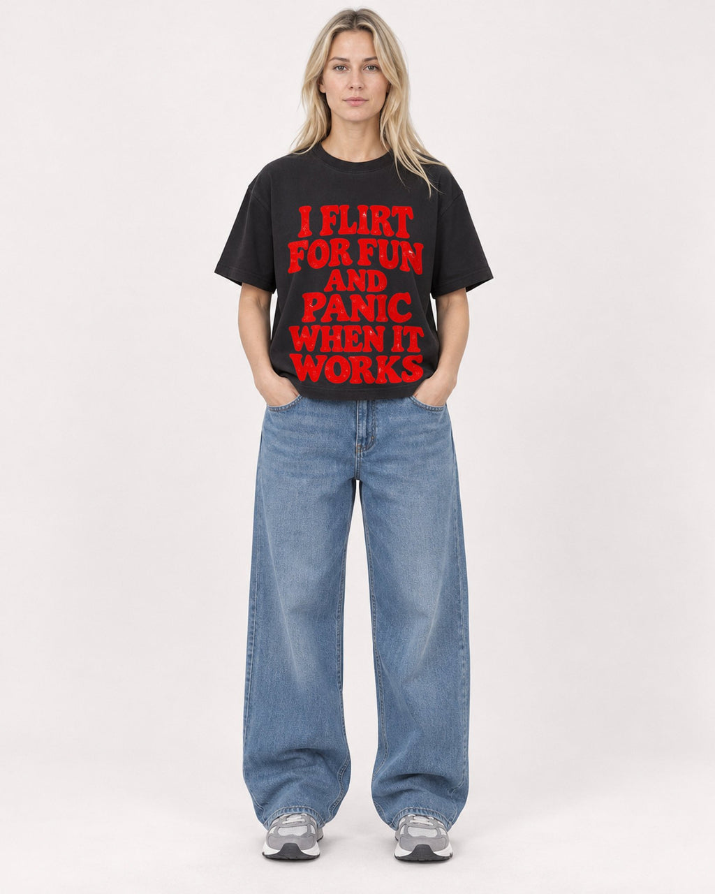 Mockup Boxy Heavyweight Tee Black female full-body 08