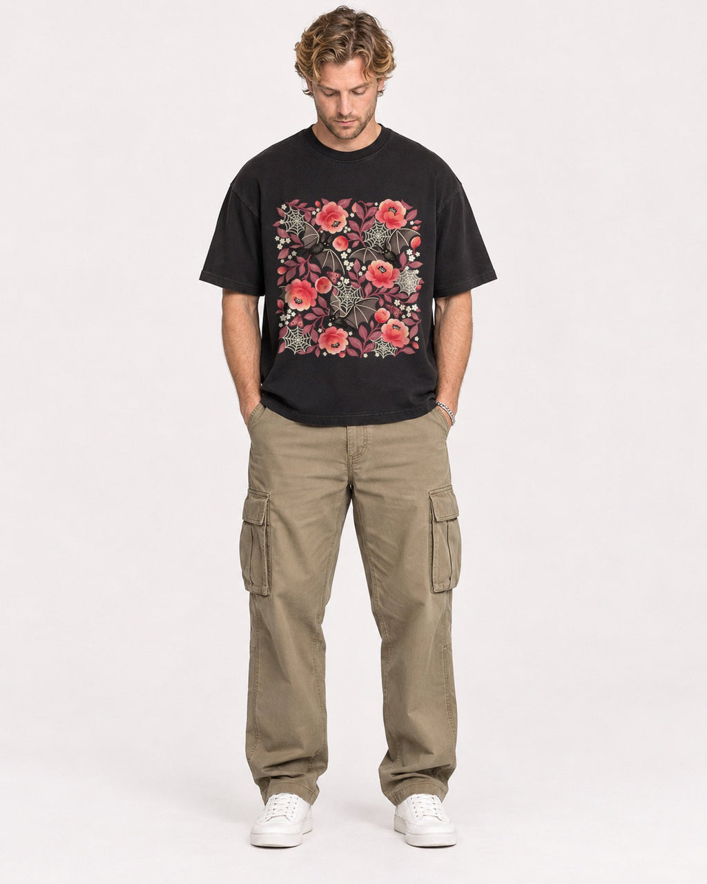 Mockup Boxy Heavyweight Tee Black male full-body 28