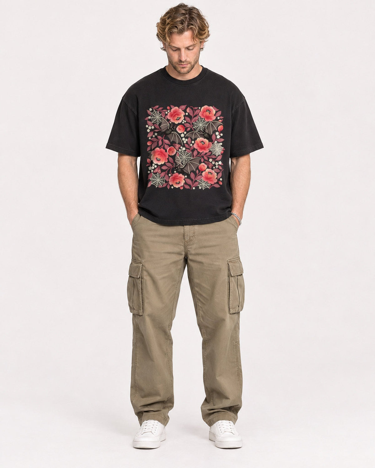 Mockup Boxy Heavyweight Tee Black male full-body 28
