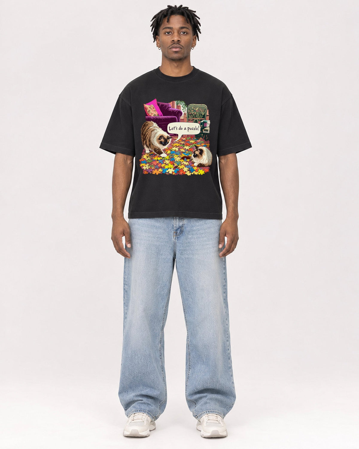 Mockup Boxy Heavyweight Tee Black male full-body 05