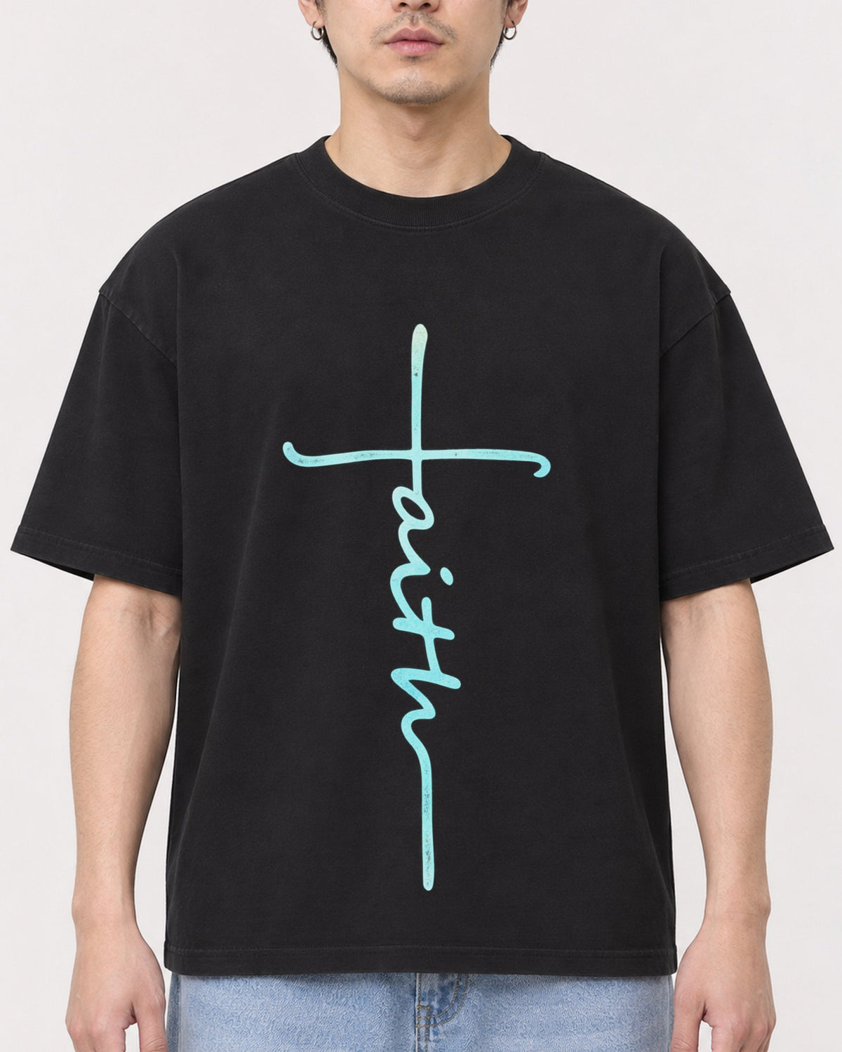 Mockup Boxy Heavyweight Tee Black male close-up 13