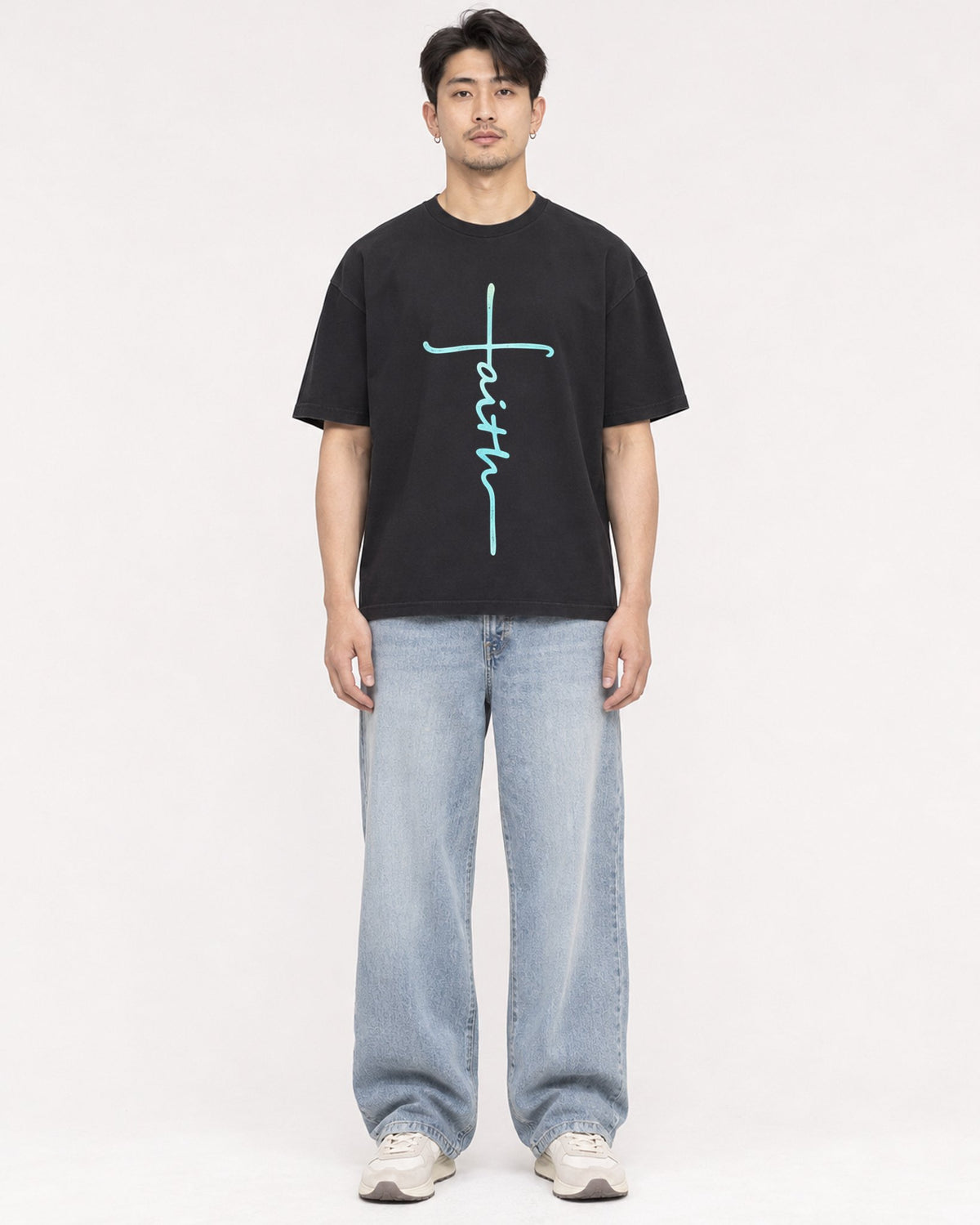 Mockup Boxy Heavyweight Tee Black male full-body 13