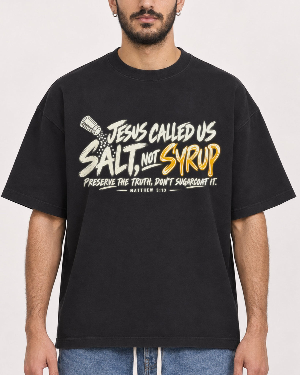 Mockup Boxy Heavyweight Tee Black male close-up 07