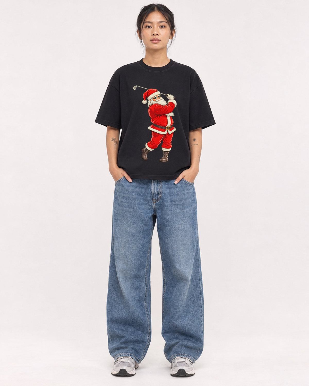 Mockup Boxy Heavyweight Tee Black female full-body 12