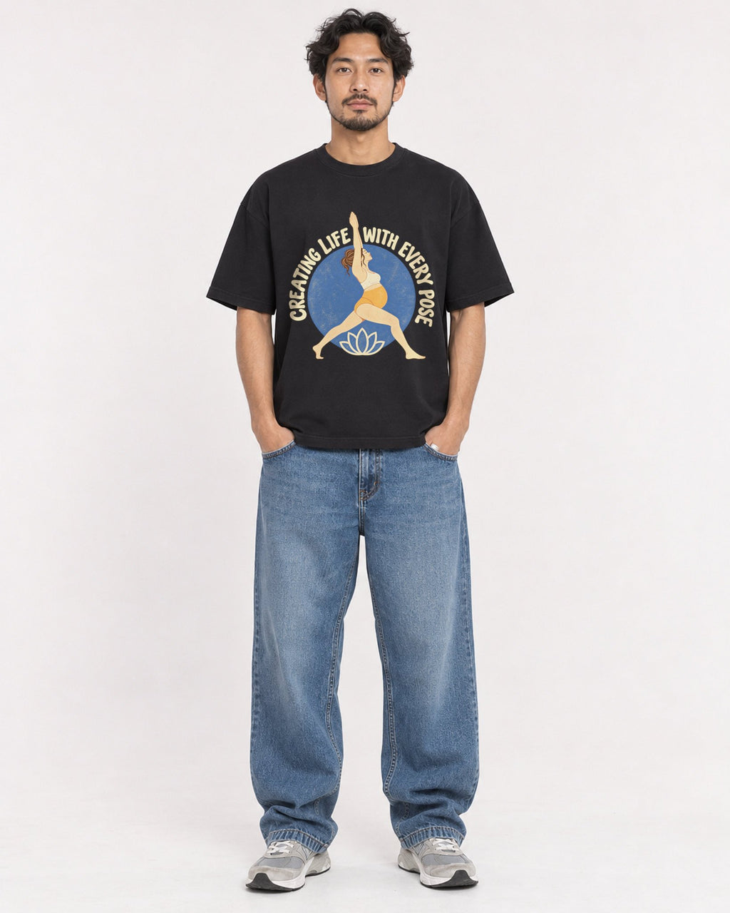 Mockup Boxy Heavyweight Tee Black male full-body 02