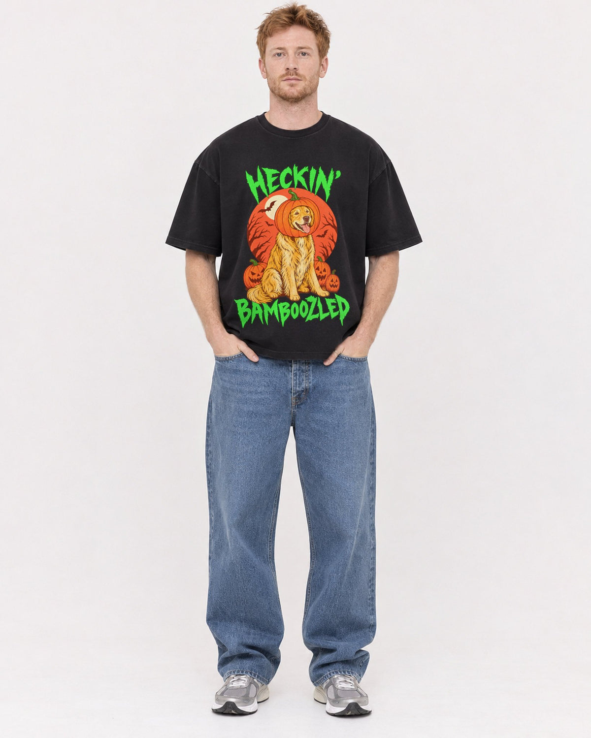 Mockup Boxy Heavyweight Tee Black male full-body 38