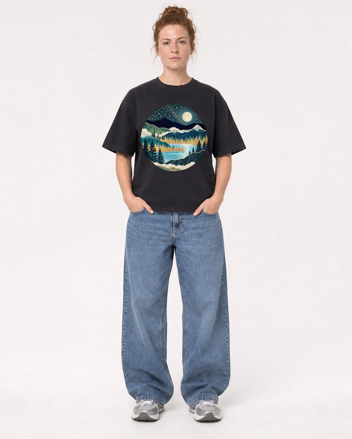 Mockup Boxy Heavyweight Tee Black female full-body 28
