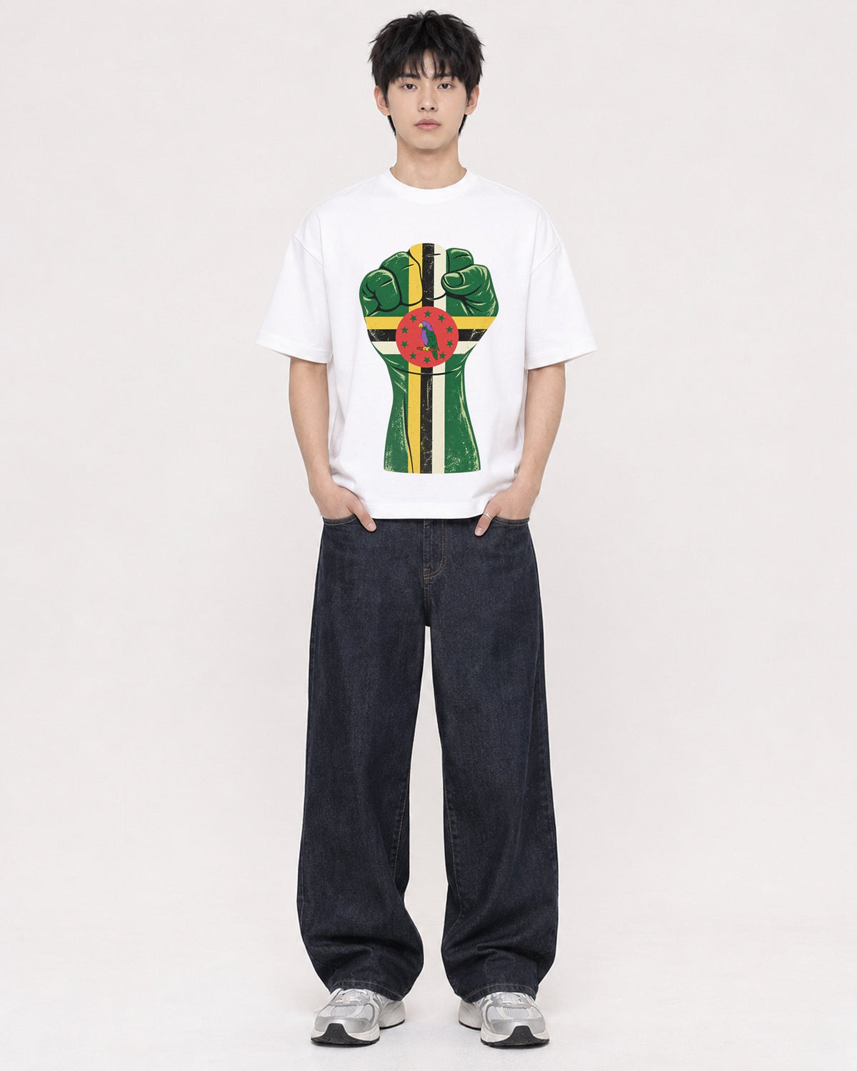 Mockup Boxy Heavyweight Tee White male full-body 01