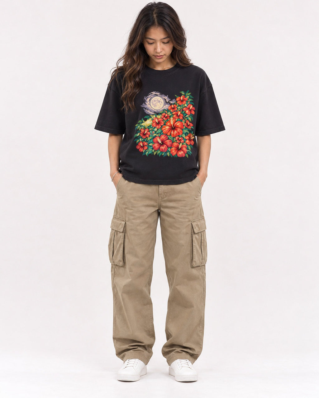 Mockup Boxy Heavyweight Tee Black female full-body 02