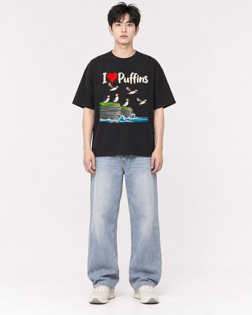 Mockup Boxy Heavyweight Tee Black male full-body 01