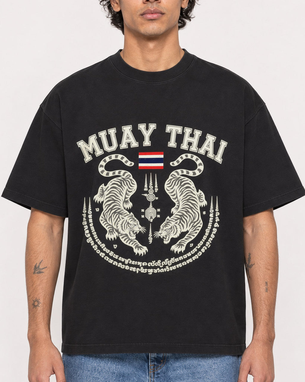 Mockup Boxy Heavyweight Tee Black male close-up 30