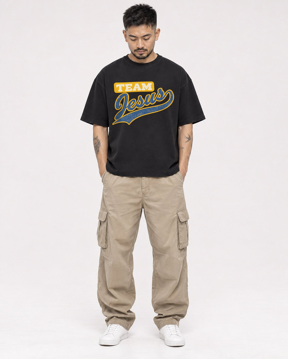Mockup Boxy Heavyweight Tee Black male full-body 12