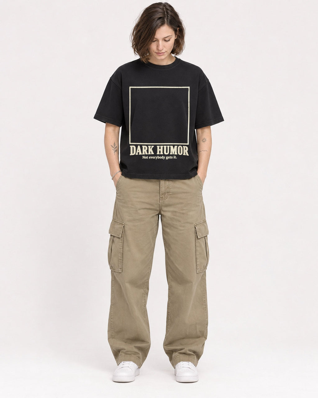 Mockup Boxy Heavyweight Tee Black female full-body 18