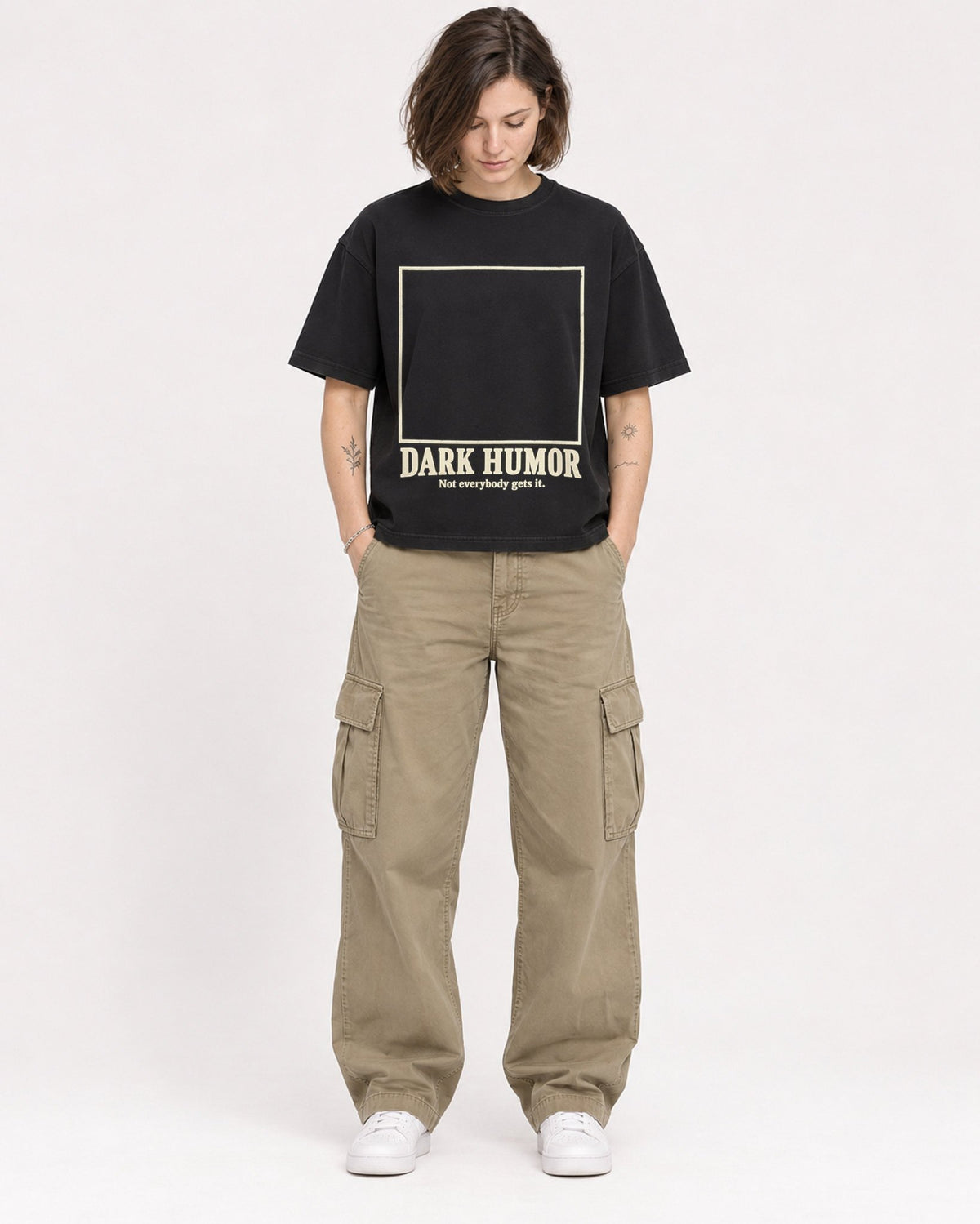 Mockup Boxy Heavyweight Tee Black female full-body 18