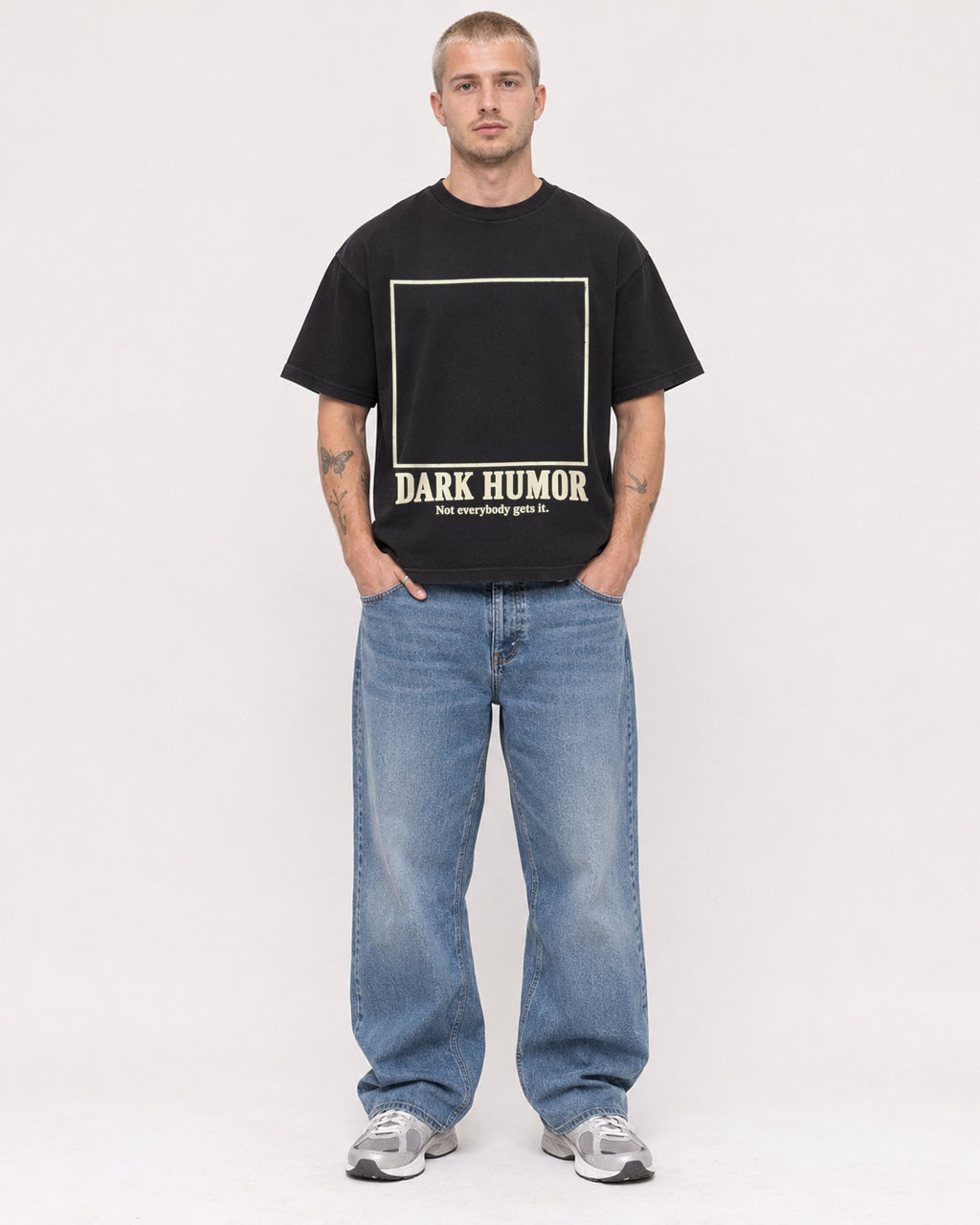 Mockup Boxy Heavyweight Tee Black male full-body 18
