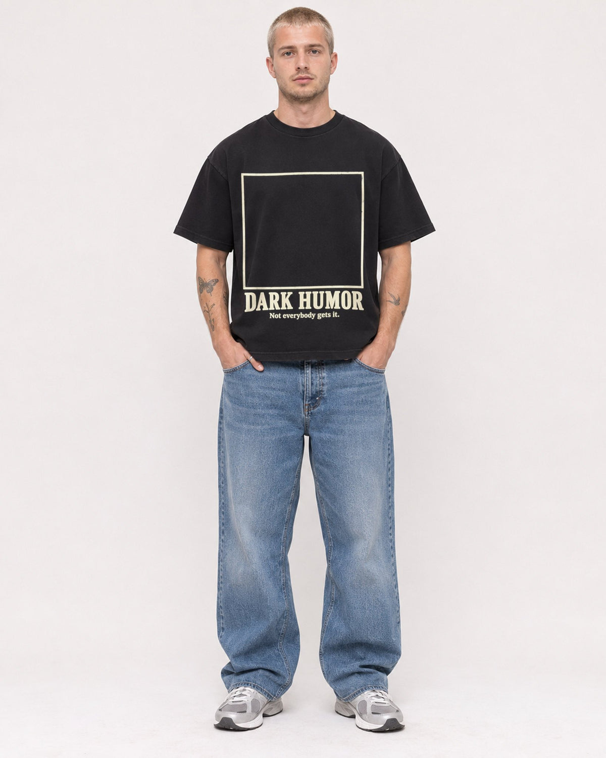 Mockup Boxy Heavyweight Tee Black male full-body 18
