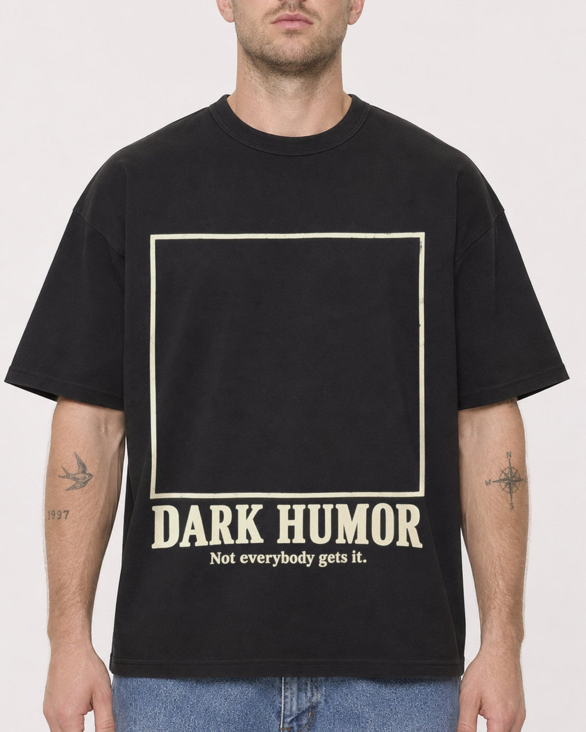 Mockup Boxy Heavyweight Tee Black male close-up 18