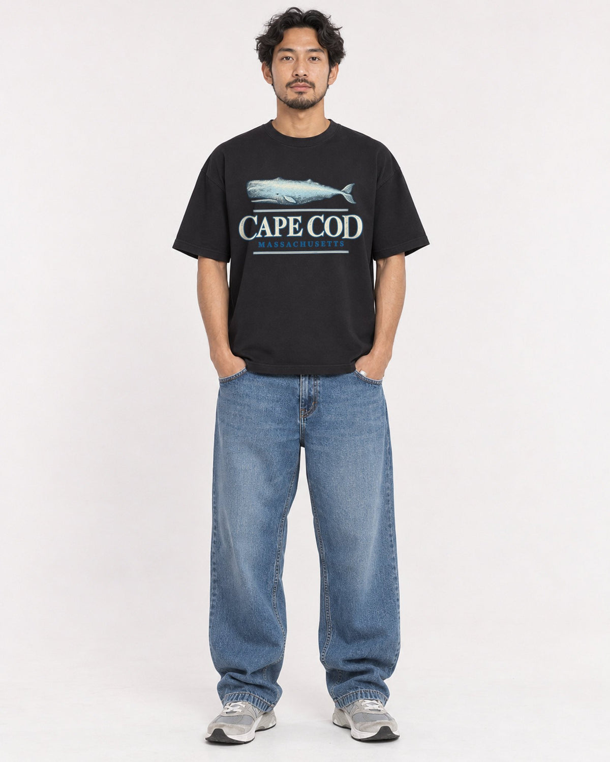 Mockup Boxy Heavyweight Tee Black male full-body 02