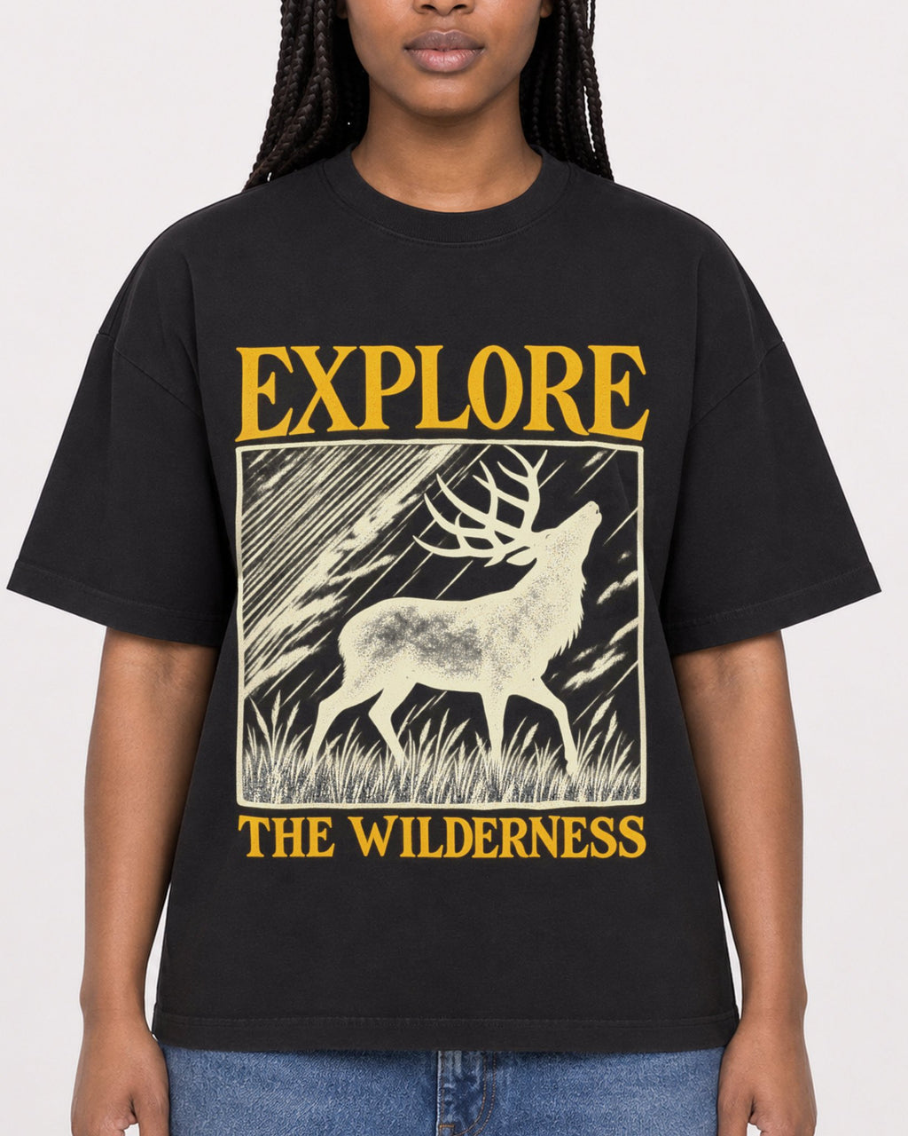 Mockup Boxy Heavyweight Tee Black female close-up 04