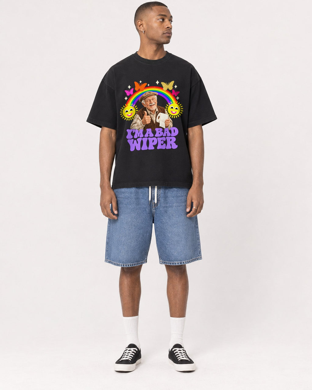 Mockup Boxy Heavyweight Tee Black male full-body 35
