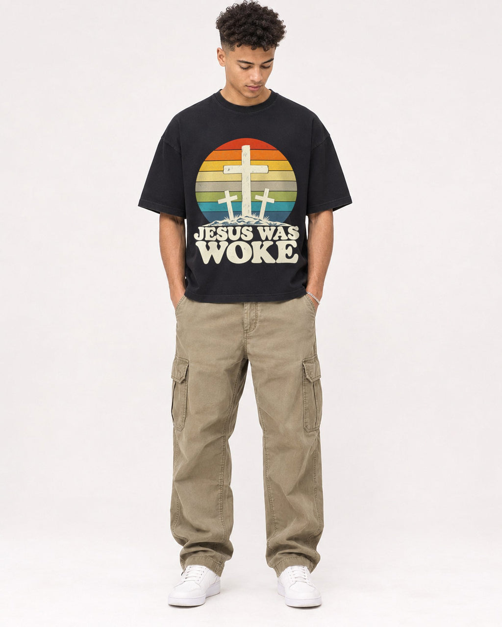 Mockup Boxy Heavyweight Tee Black male full-body 20