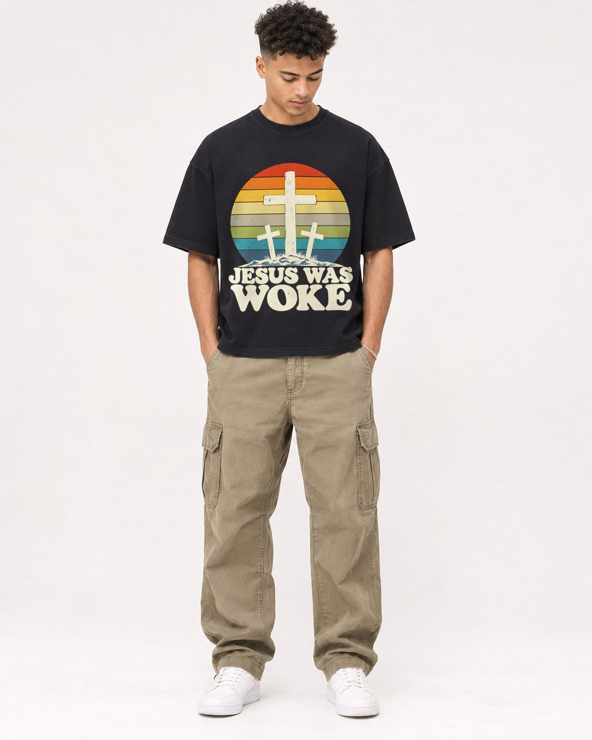 Mockup Boxy Heavyweight Tee Black male full-body 20