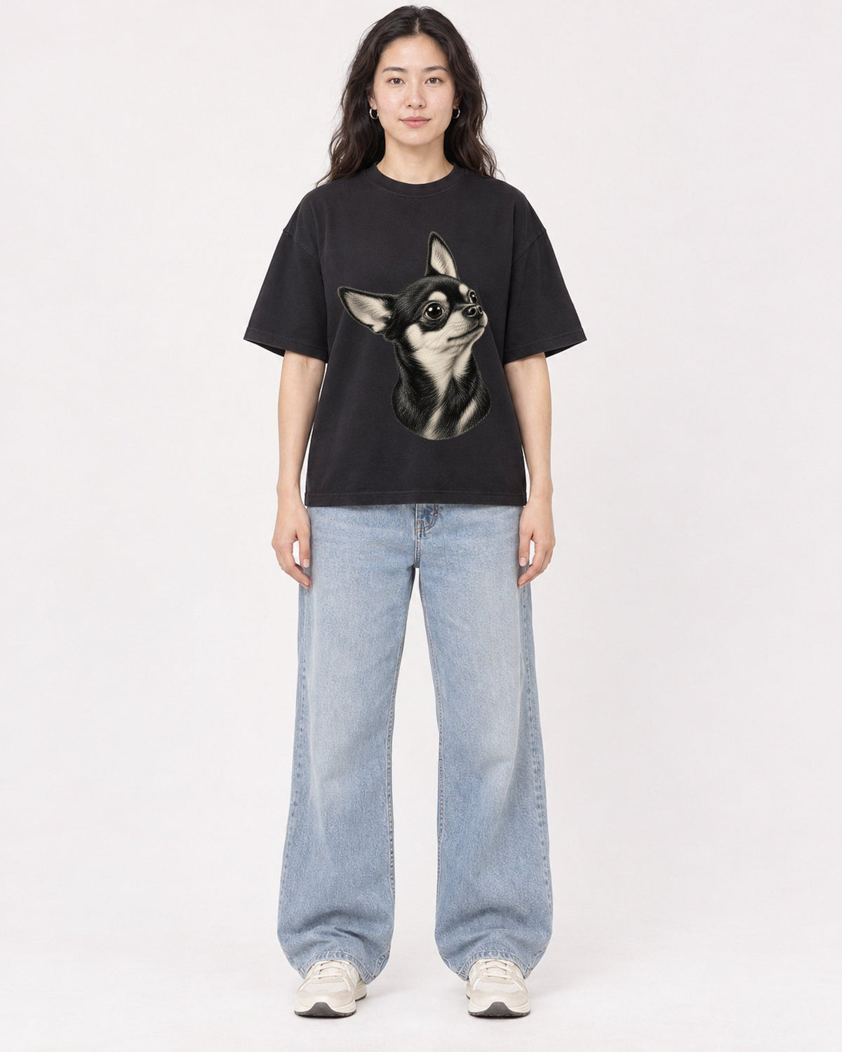 Mockup Boxy Heavyweight Tee Black female full-body 03
