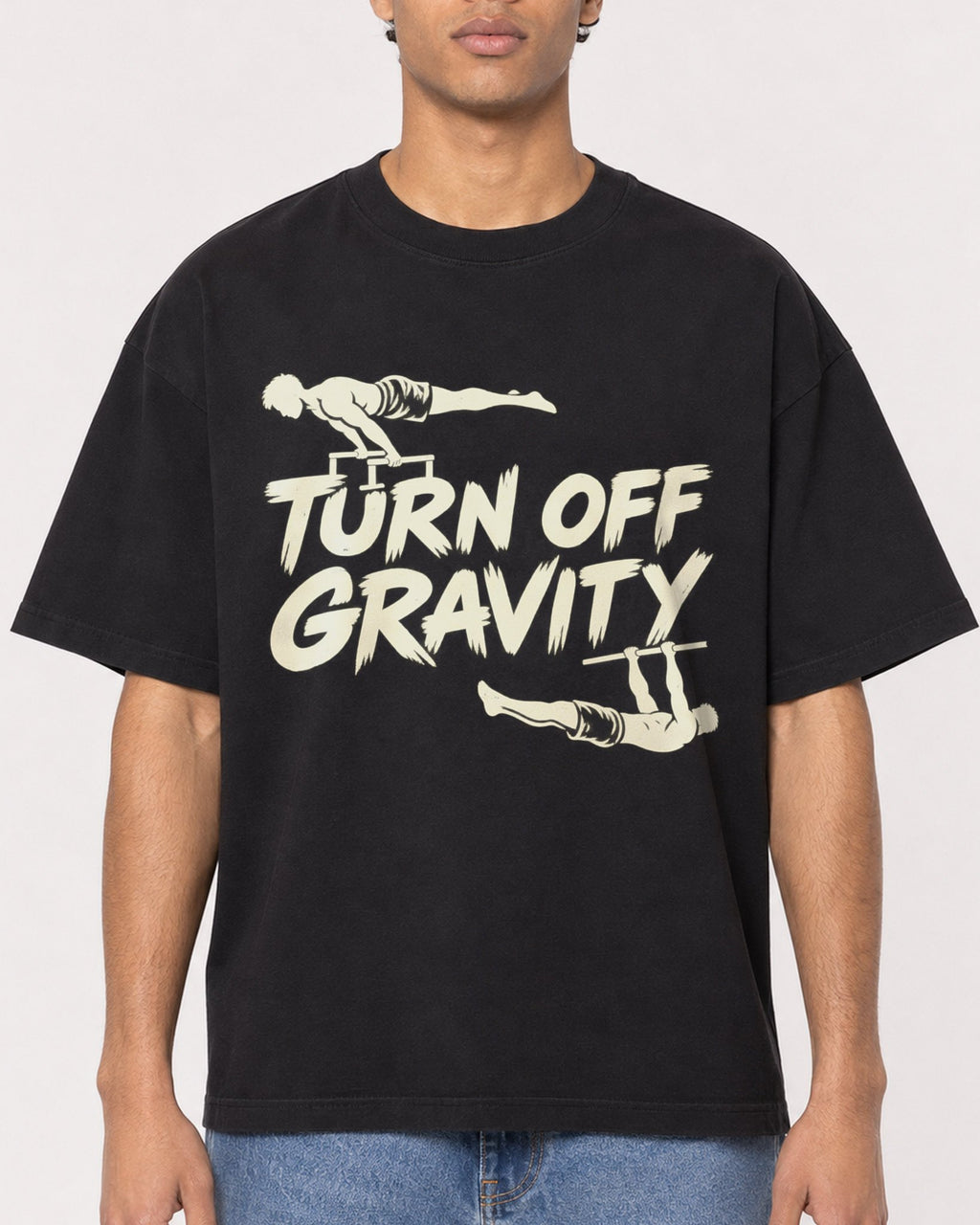 Mockup Boxy Heavyweight Tee Black male close-up 10