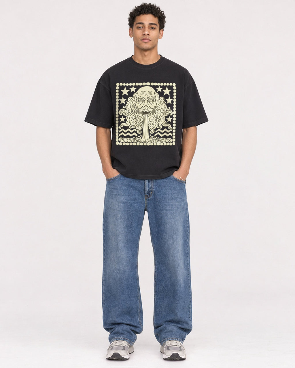 Mockup Boxy Heavyweight Tee Black male full-body 10
