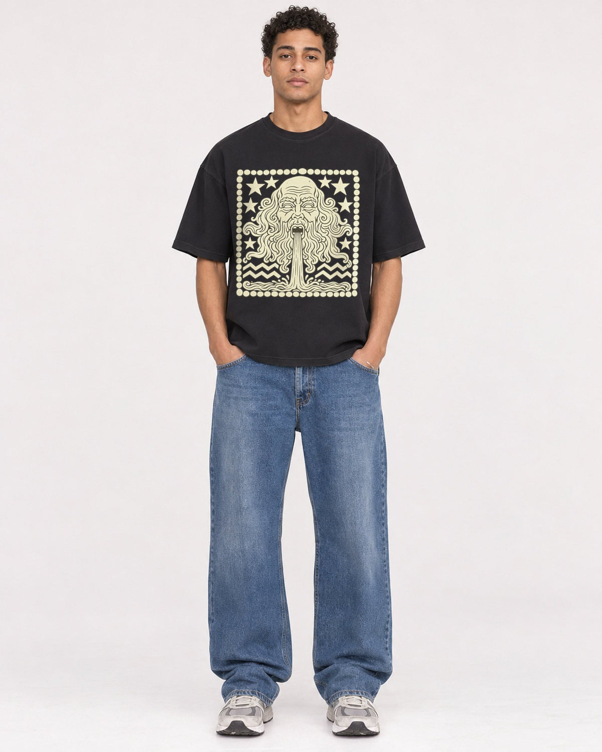 Mockup Boxy Heavyweight Tee Black male full-body 10