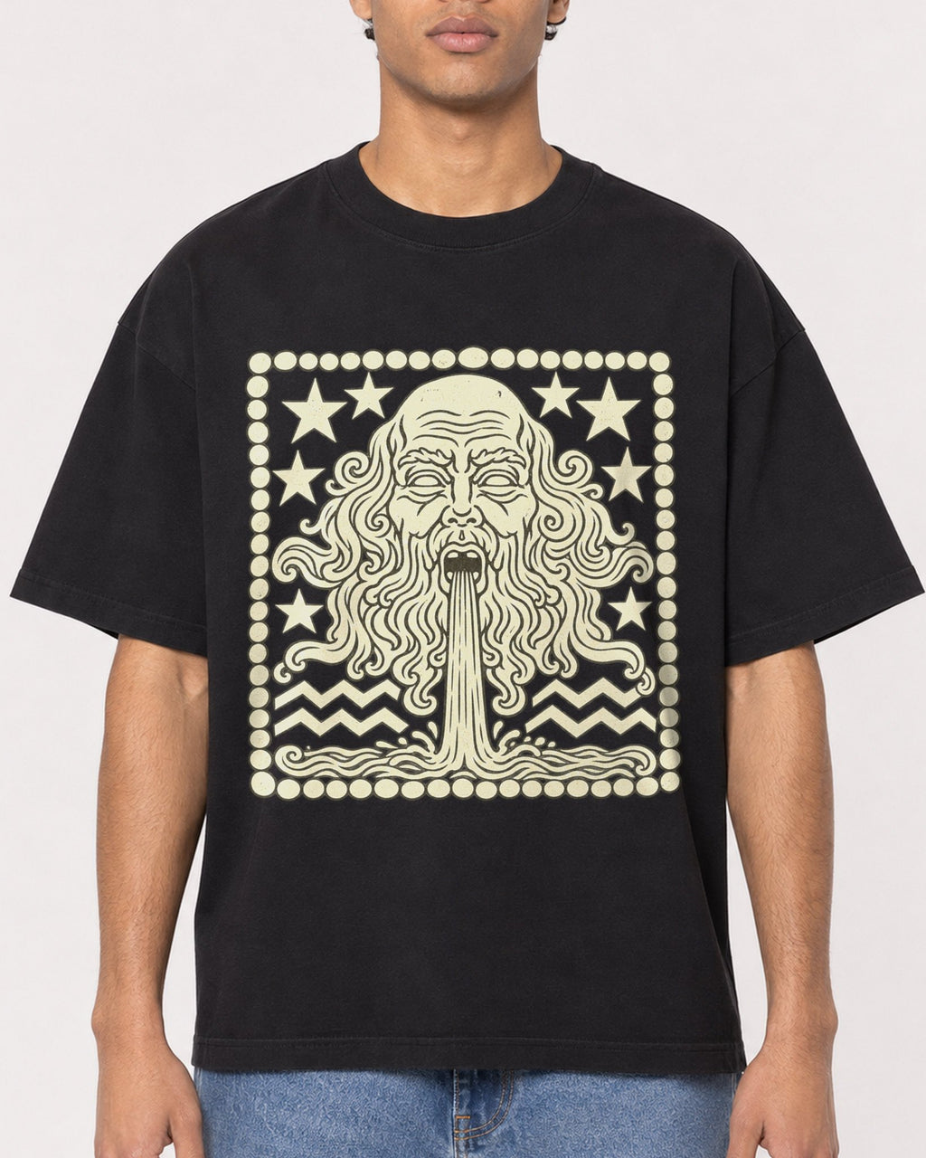 Mockup Boxy Heavyweight Tee Black male close-up 10
