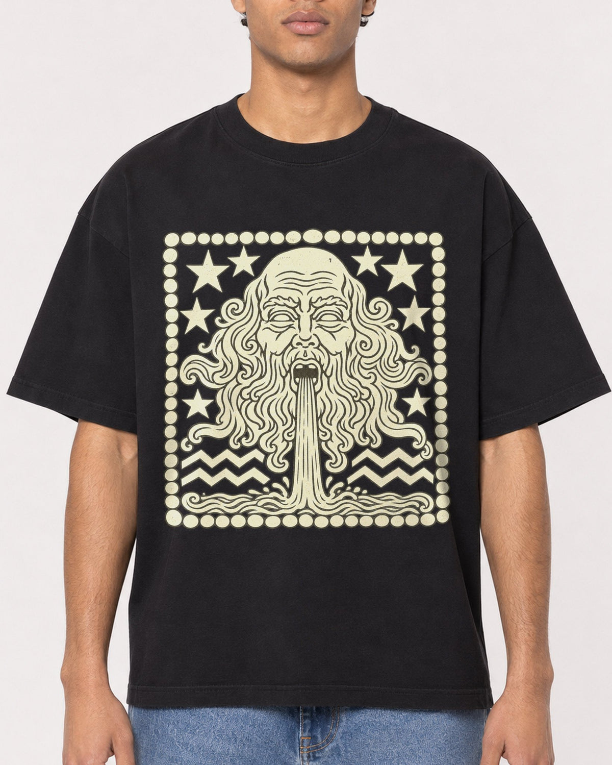 Mockup Boxy Heavyweight Tee Black male close-up 10