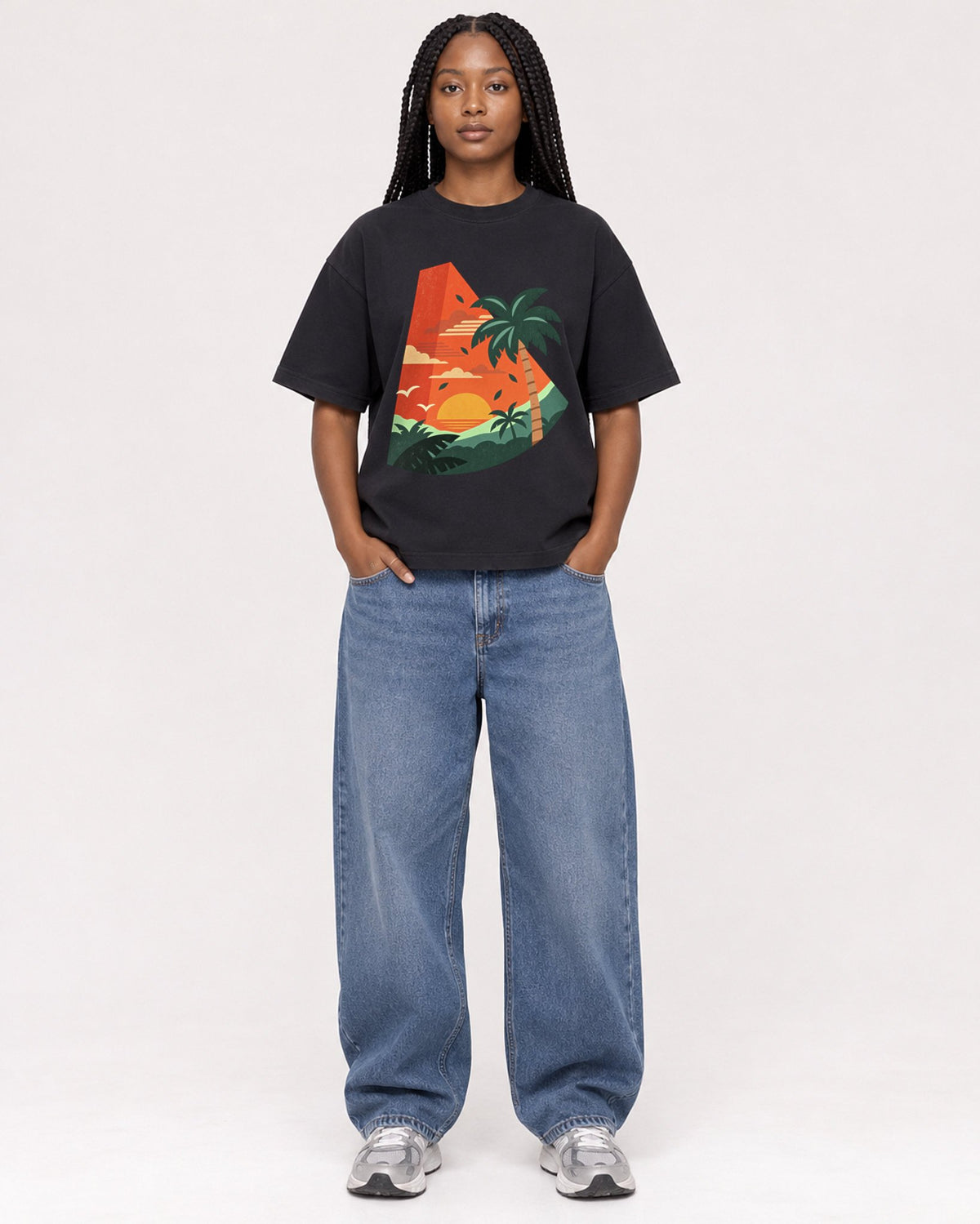 Mockup Boxy Heavyweight Tee Black female full-body 04