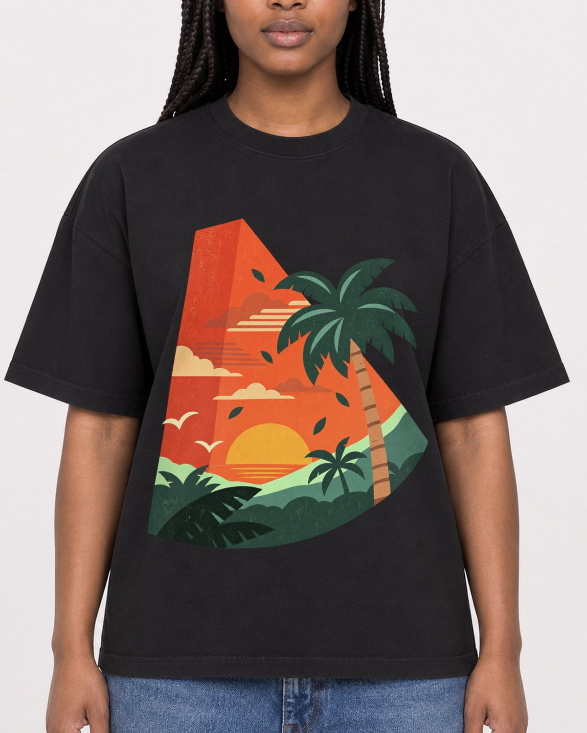 Mockup Boxy Heavyweight Tee Black female close-up 04