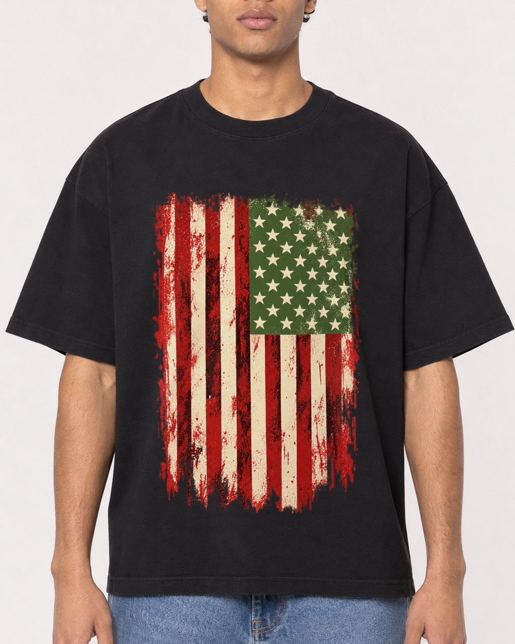 Mockup Boxy Heavyweight Tee Black male close-up 10