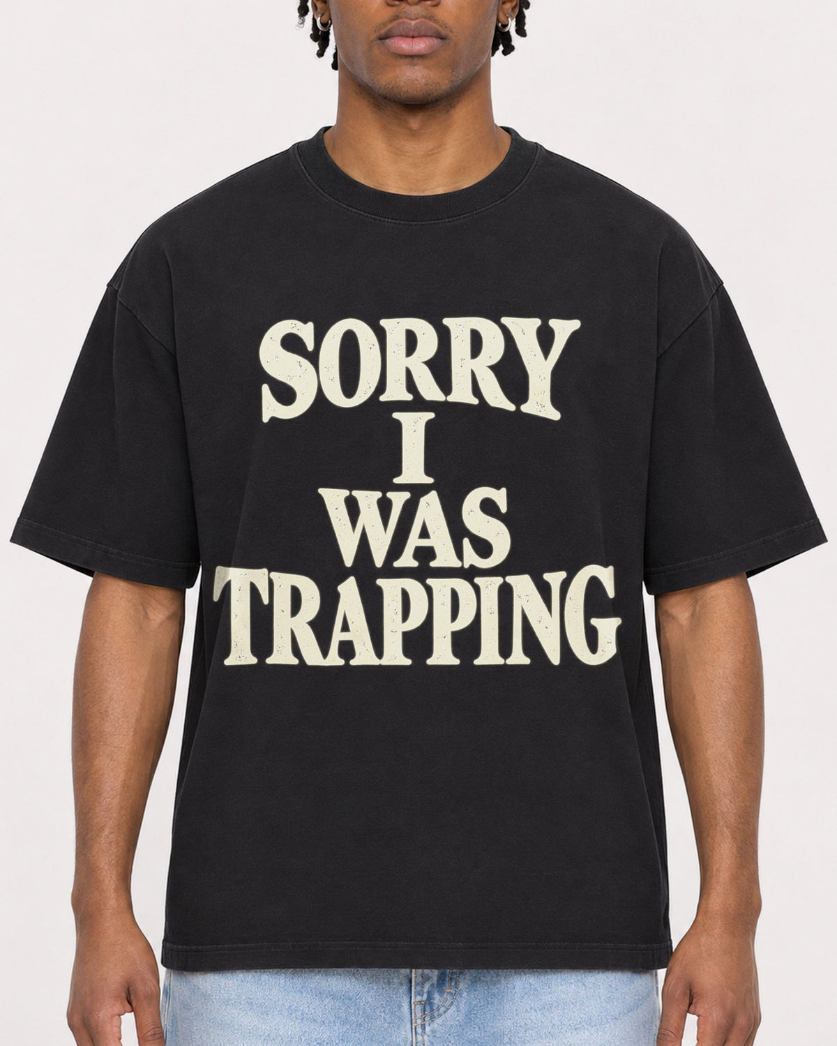 Mockup Boxy Heavyweight Tee Black male close-up 05
