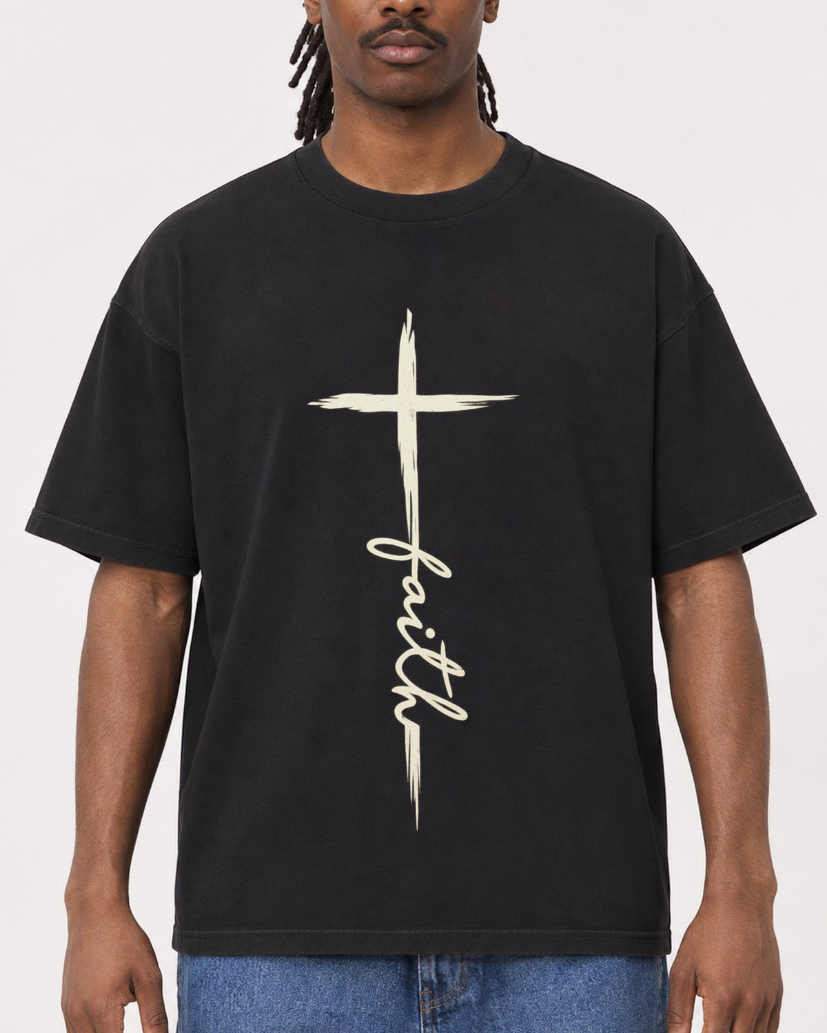 Mockup Boxy Heavyweight Tee Black male close-up 34