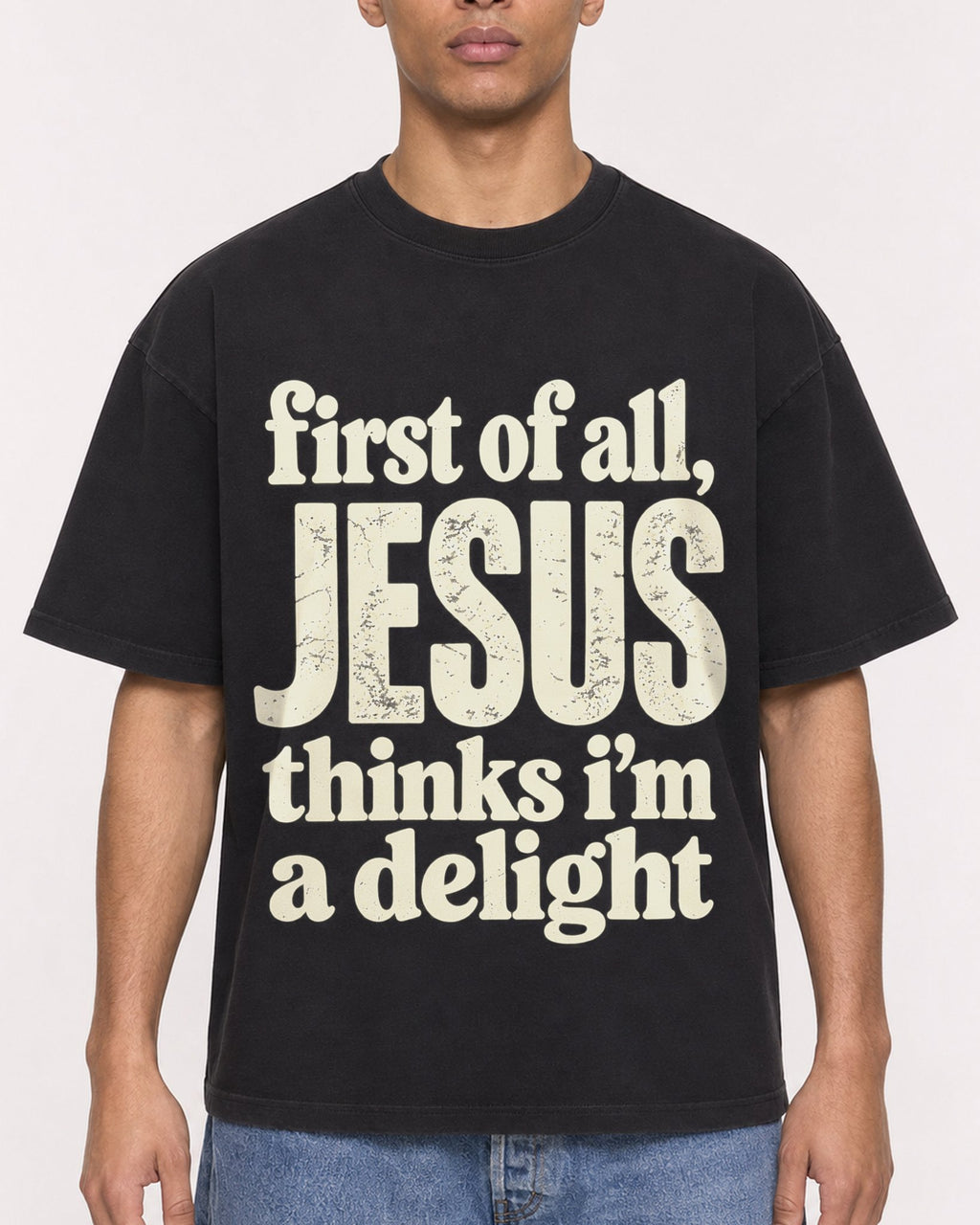 Mockup Boxy Heavyweight Tee Black male close-up 50