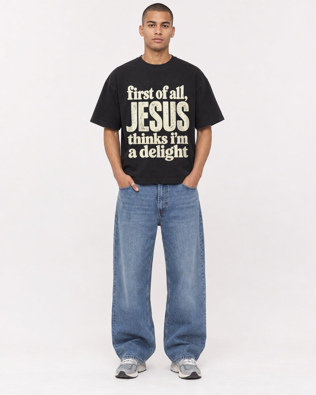 Mockup Boxy Heavyweight Tee Black male full-body 50